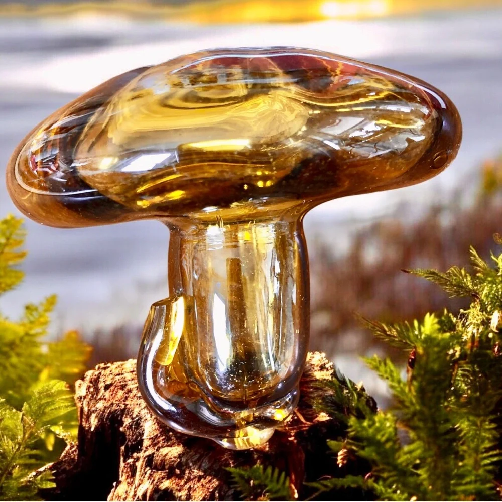 Vintage Art Glass Mushroom Toadstool Amber Blown Glass Figurine Sculpture 4”
